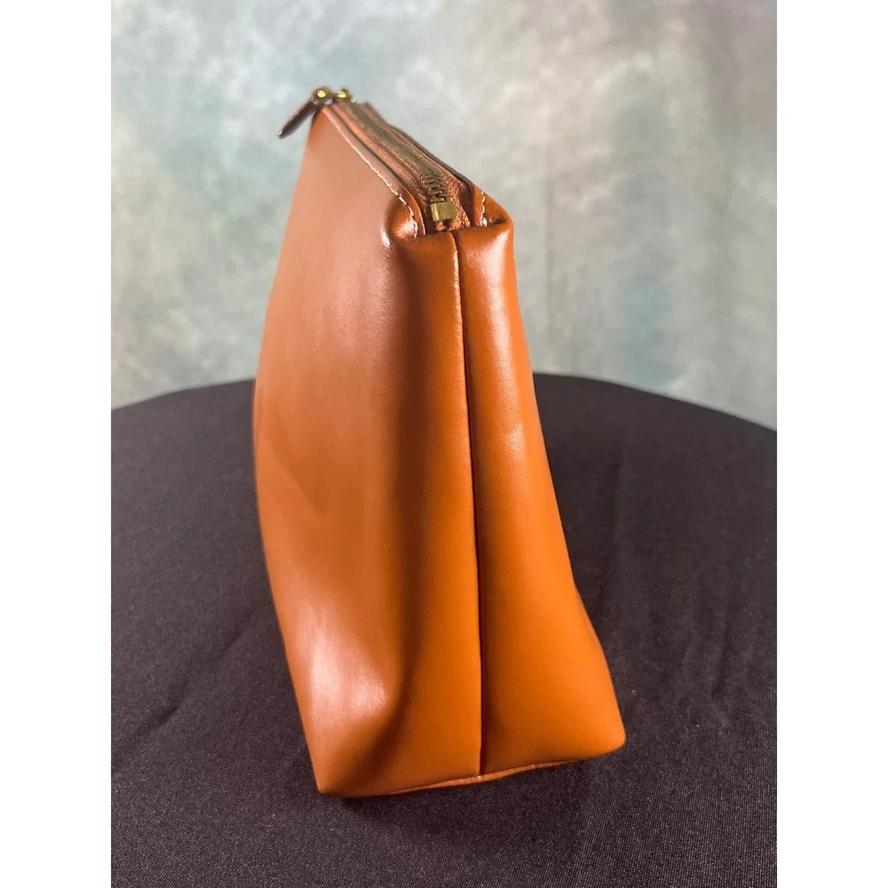 Staud Shirley Tan Leather Toiletry Pouch Zip‎ Top Gold Tone Hardware